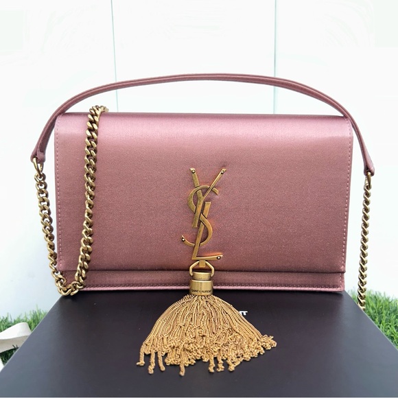 SAINT LAURENT KATE TASSEL CLUTCH ON CHAIN ROSE PINK SATIN GOLD HARDWARE NEW!